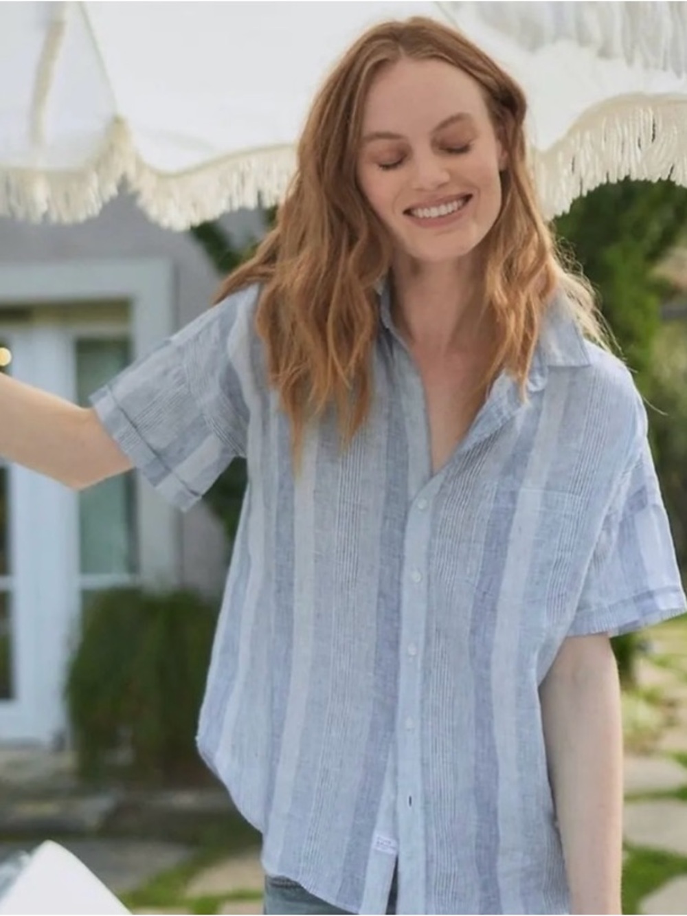 FRANK & EILEEN Rose Woven 100% Linen Button-Up in Blue Stripes - S